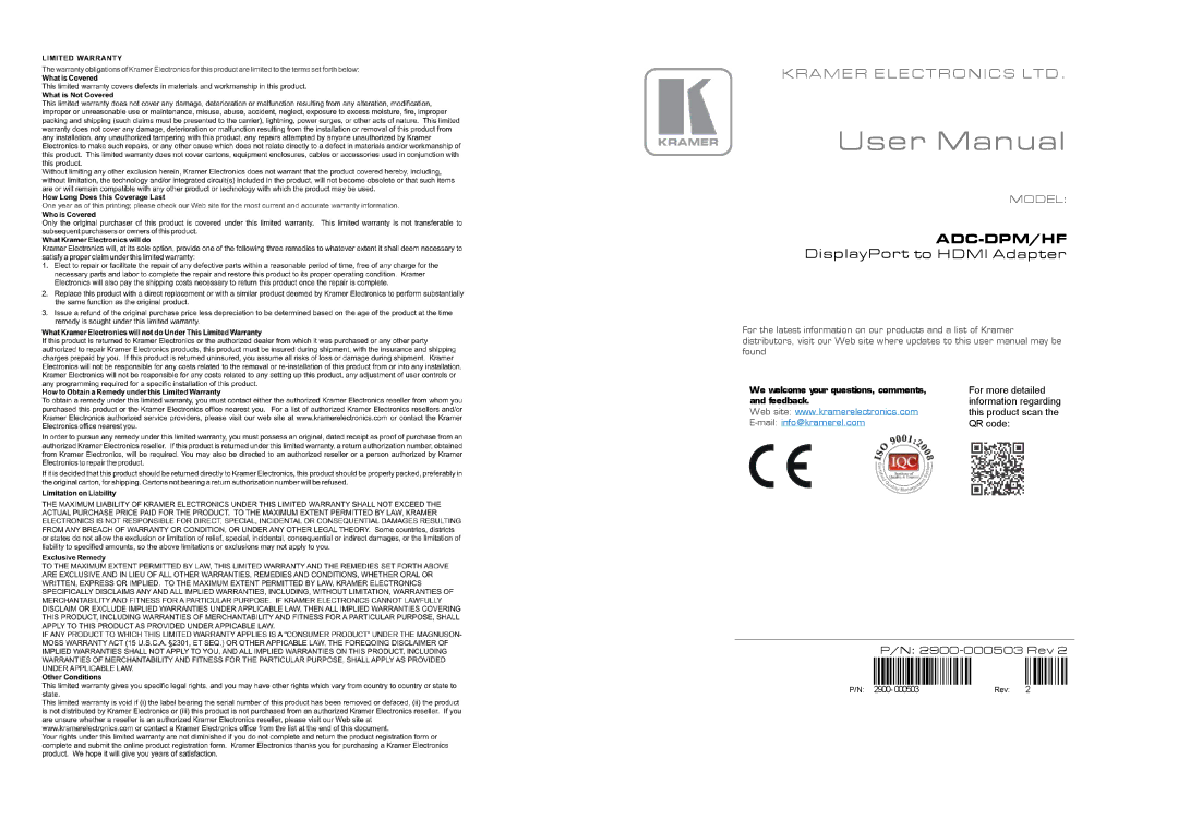 Kramer Electronics 2900-000503 manual Adc-Dpm/Hf, DisplayPort to Hdmi Adapter 