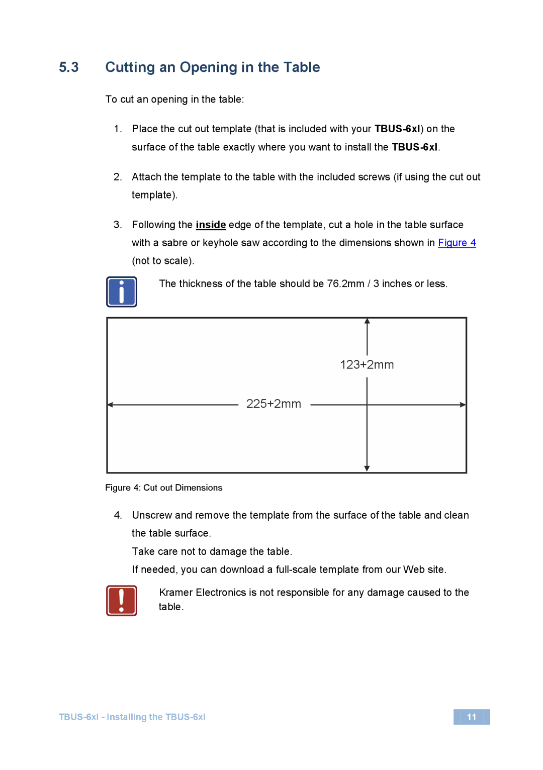 Kramer Electronics 2900-3000730 Rev 2 user manual Cutting an Opening in the Table, 123+2mm 225+2mm 