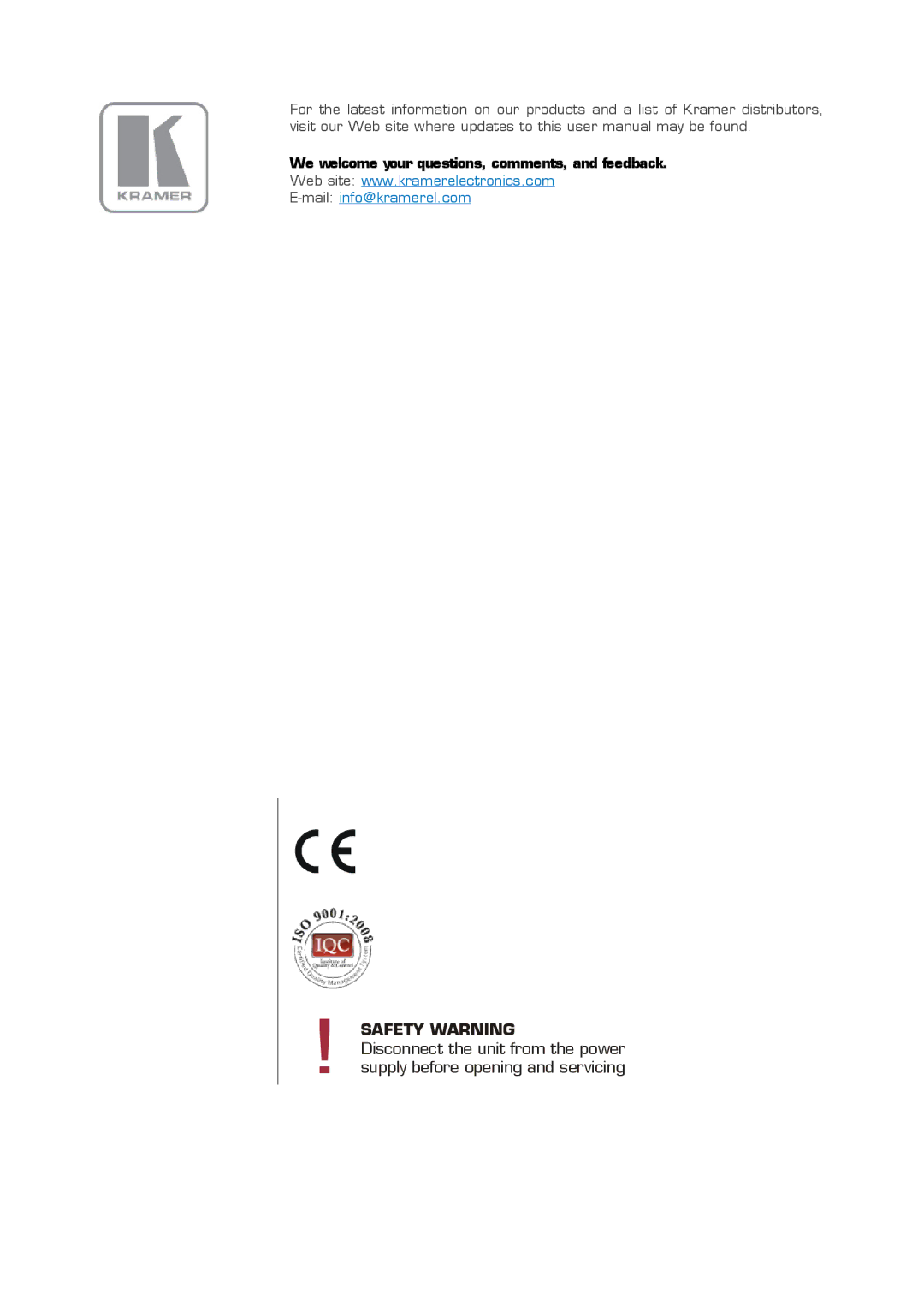 Kramer Electronics 2900-3000730 Rev 2 user manual Safety Warning 