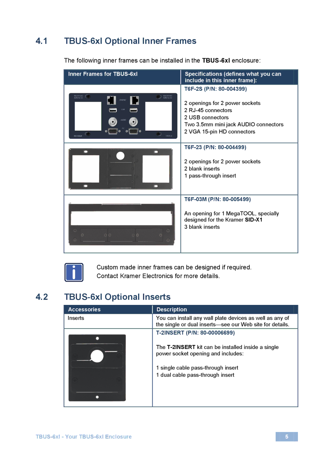 Kramer Electronics 2900-3000730 Rev 2 user manual TBUS-6xl Optional Inner Frames, TBUS-6xl Optional Inserts 
