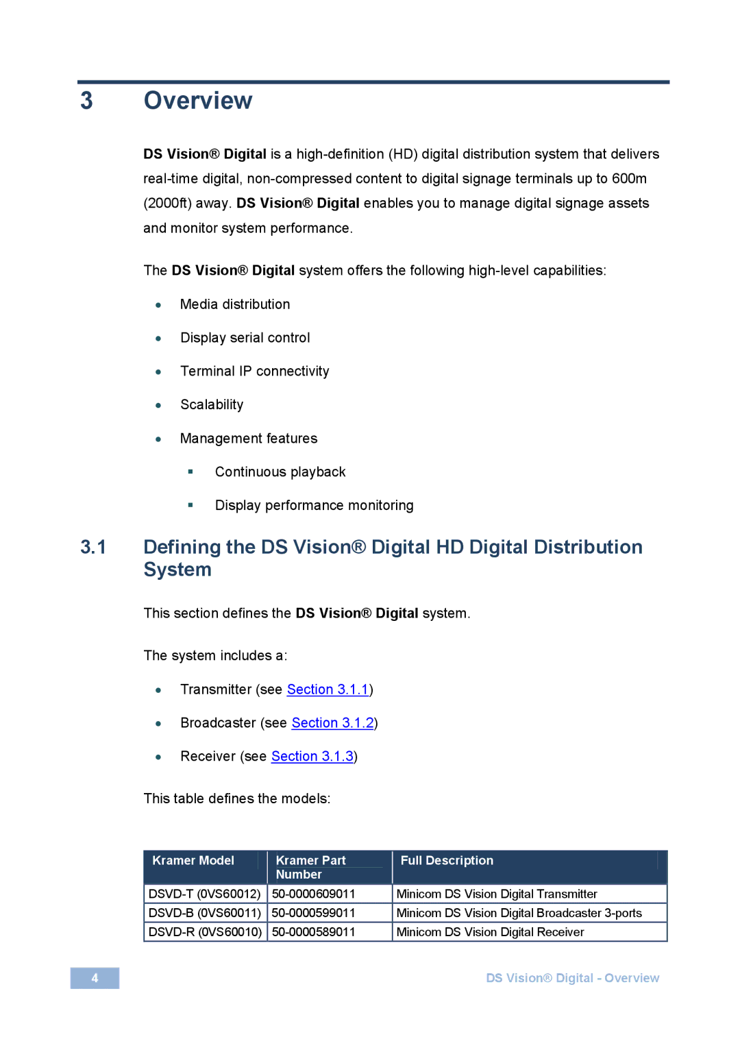 Kramer Electronics 2900-300283 user manual Overview, Kramer Model Kramer Part Full Description Number 