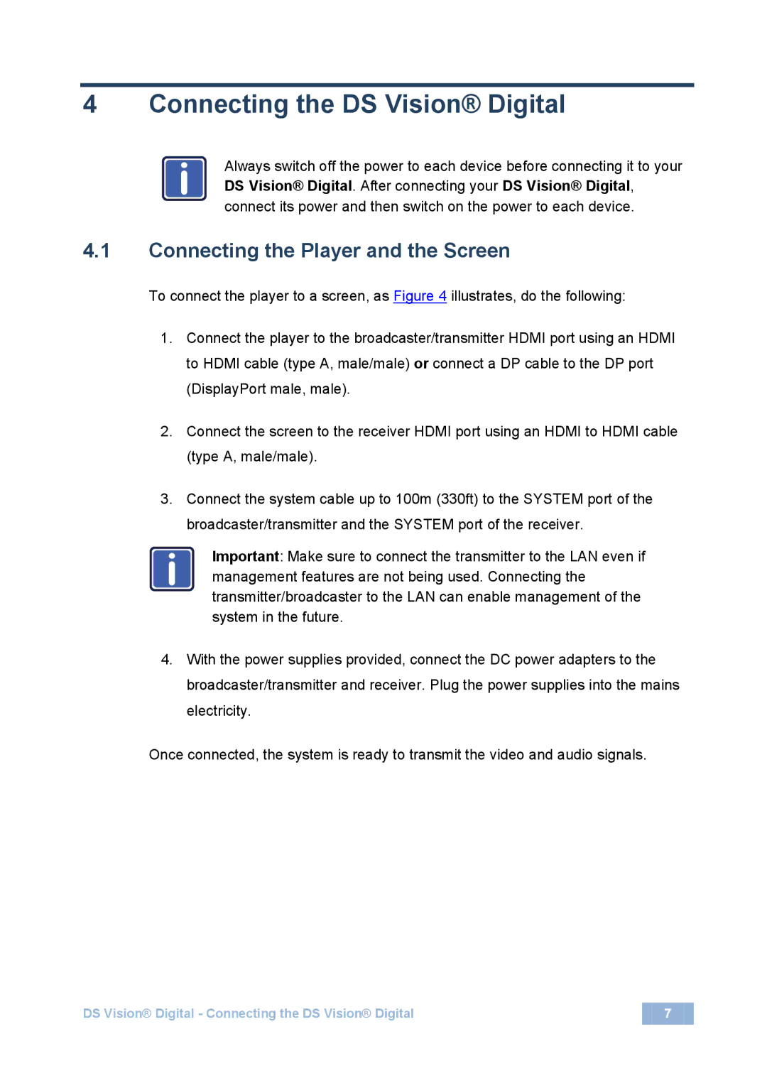 Kramer Electronics 2900-300283 user manual Connecting the DS Vision Digital, Connecting the Player and the Screen 