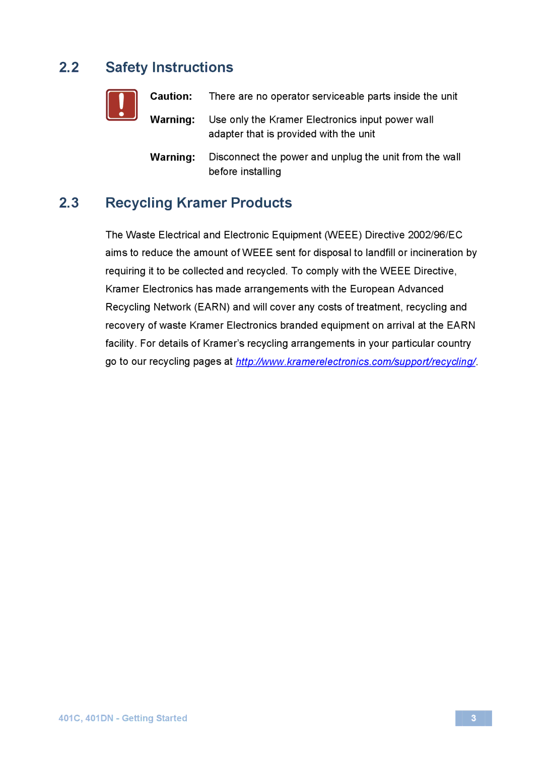 Kramer Electronics 401C user manual Safety Instructions, Recycling Kramer Products 