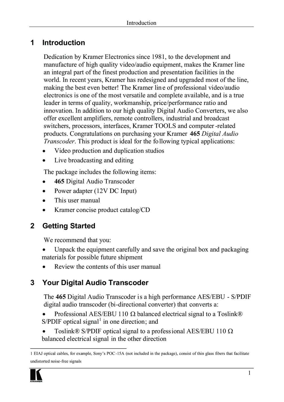 Kramer Electronics 465 manual Qwurgxfwlrq, HWWLQJ6WDUWHG, RXULJLWDO$XGLR7UDQVFRGHU 