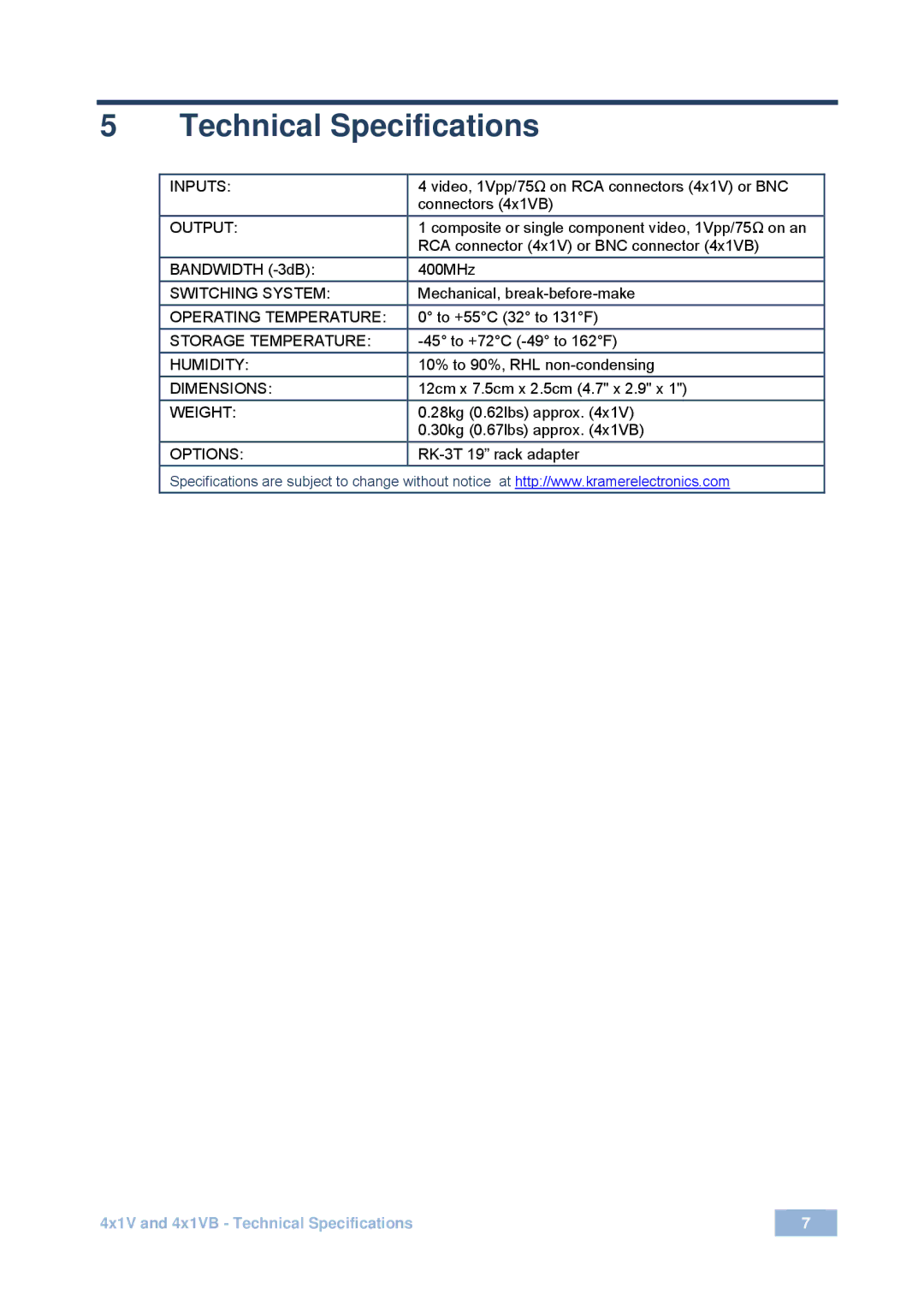 Kramer Electronics 4x1V user manual Technical Specifications, Output 