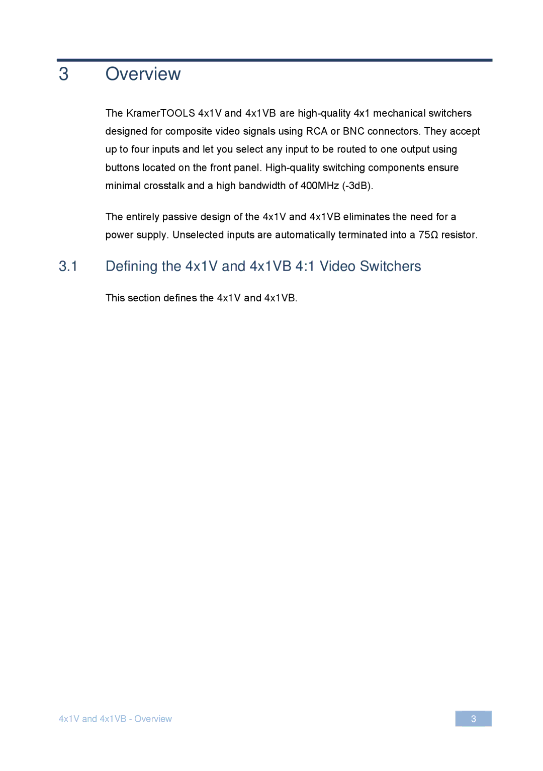 Kramer Electronics user manual Overview, Defining the 4x1V and 4x1VB 41 Video Switchers 