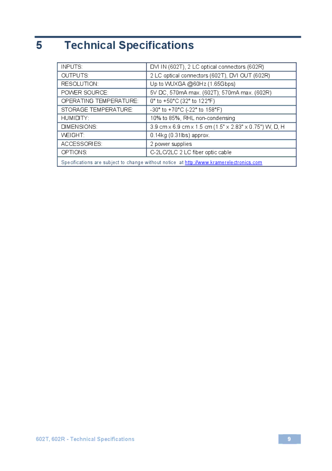 Kramer Electronics 602T user manual Technical Specifications 