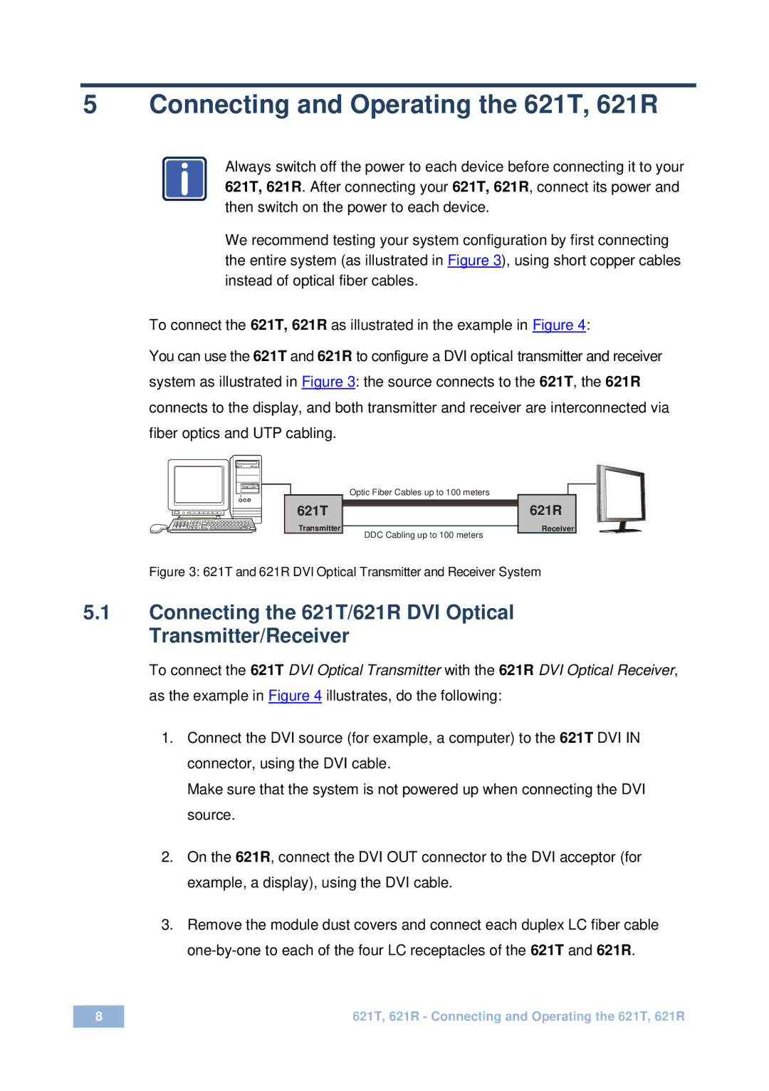 Kramer Electronics Connecting and Operating the 621T, 621R, Connecting the 621T/621R DVI Optical Transmitter/Receiver 