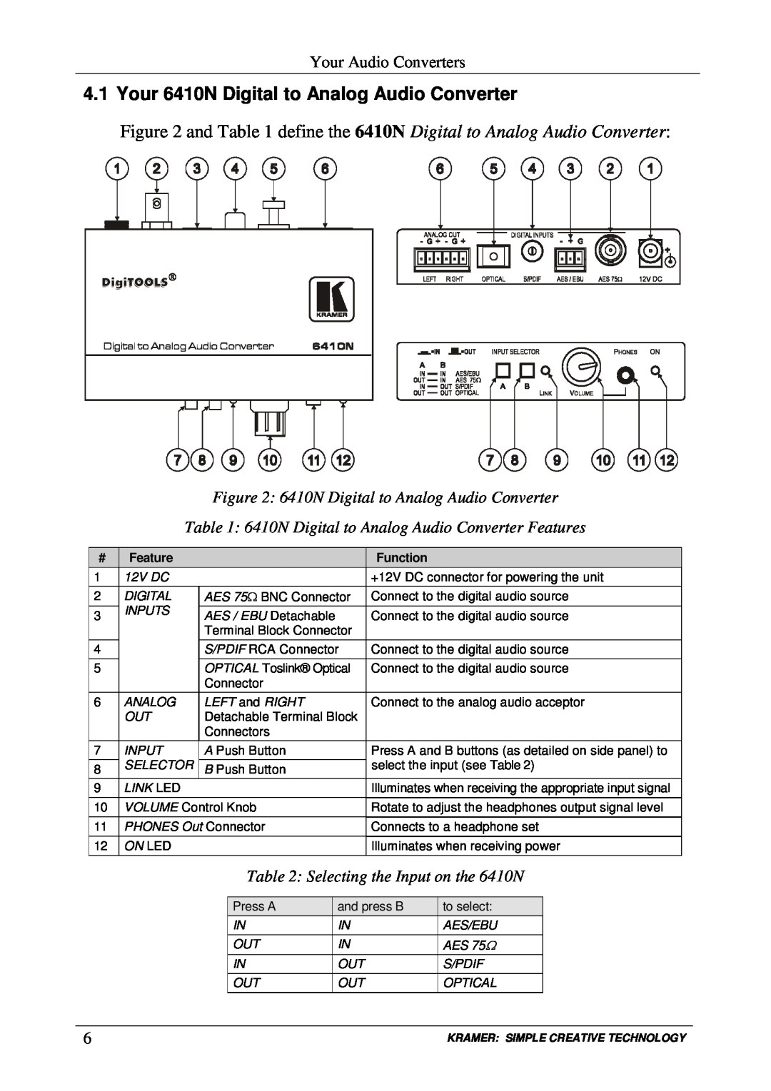 Kramer Electronics user manual E B v GEBAi, 6410N Digital to Analog Audio Converter, Selecting the Input on the 6410N 