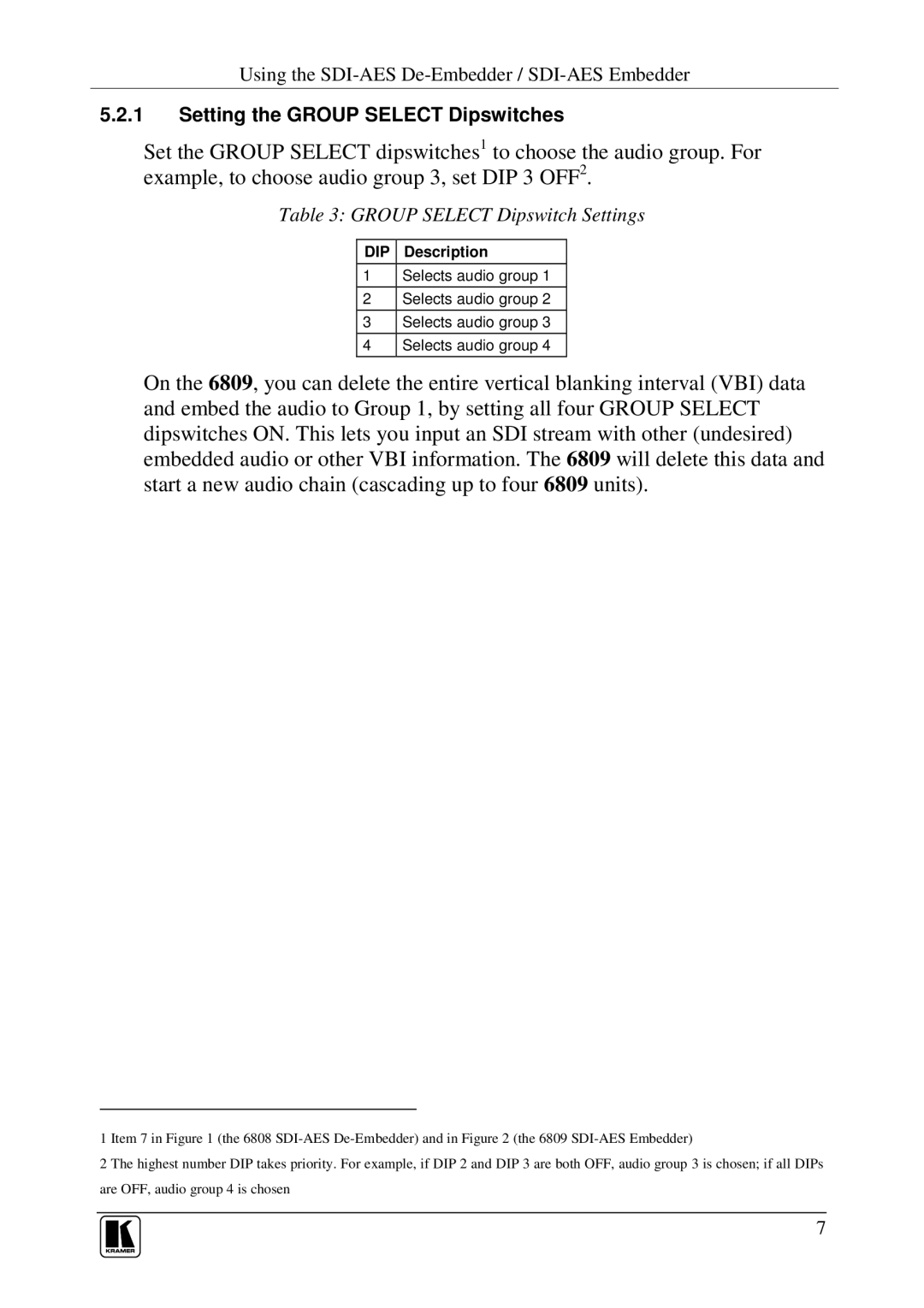 Kramer Electronics 6808 manual Setting the Group Select Dipswitches 