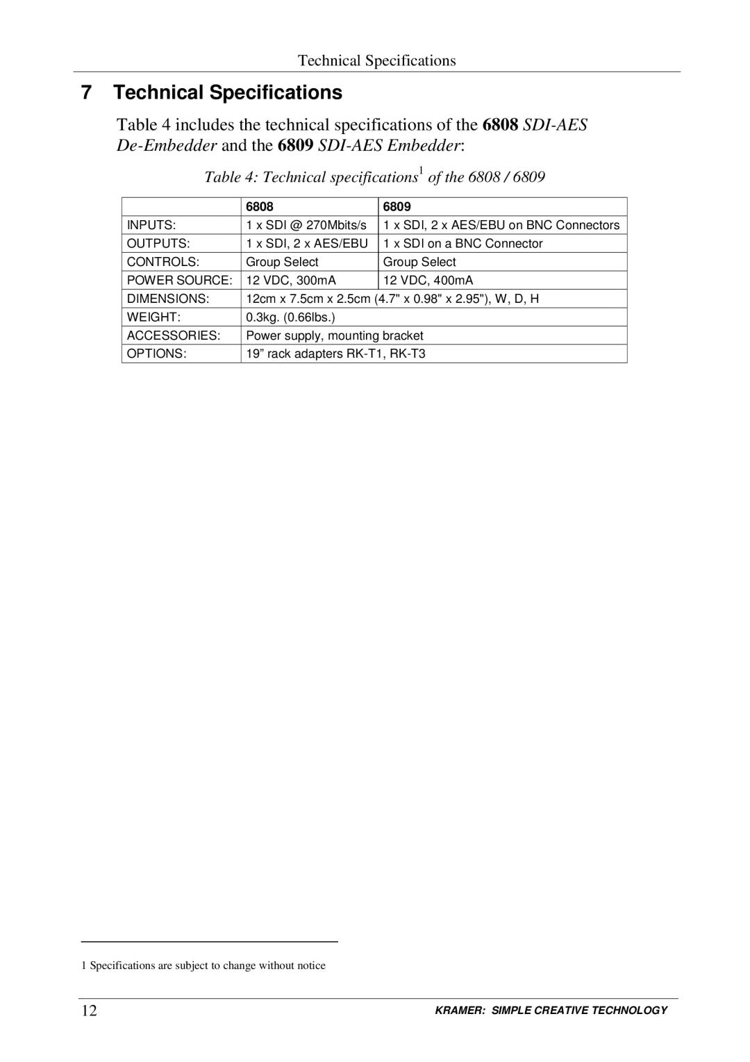 Kramer Electronics manual Technical Specifications, Technical specifications1 of the 6808 