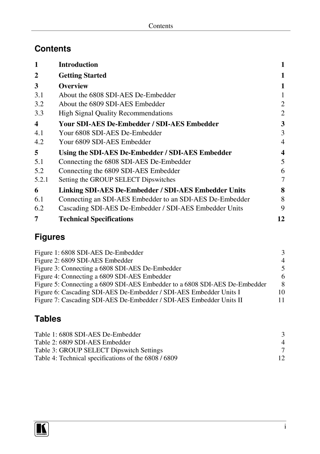 Kramer Electronics 6808 manual Contents, Tables 