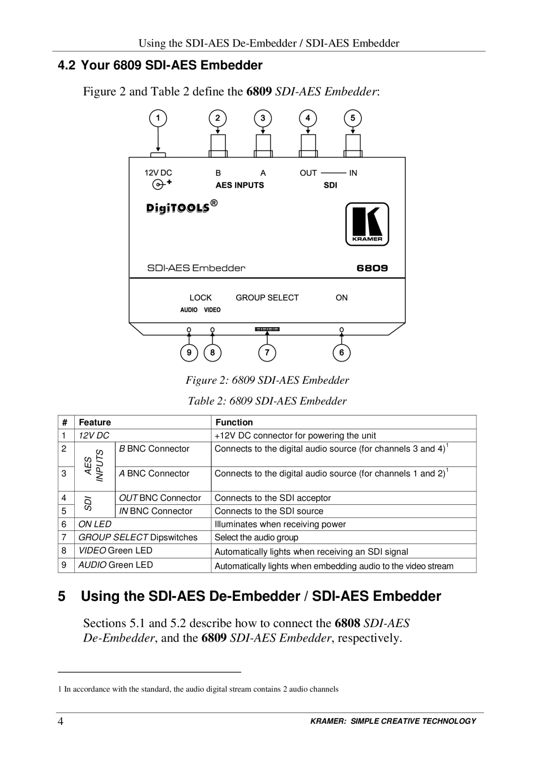 Kramer Electronics 6808 manual Using the SDI-AES De-Embedder / SDI-AES Embedder, Your 6809 SDI-AES Embedder 