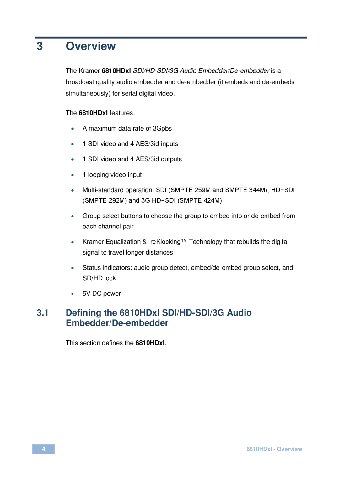 Kramer Electronics 6810HDx1 user manual Overview, This section defines the 6810HDxl 