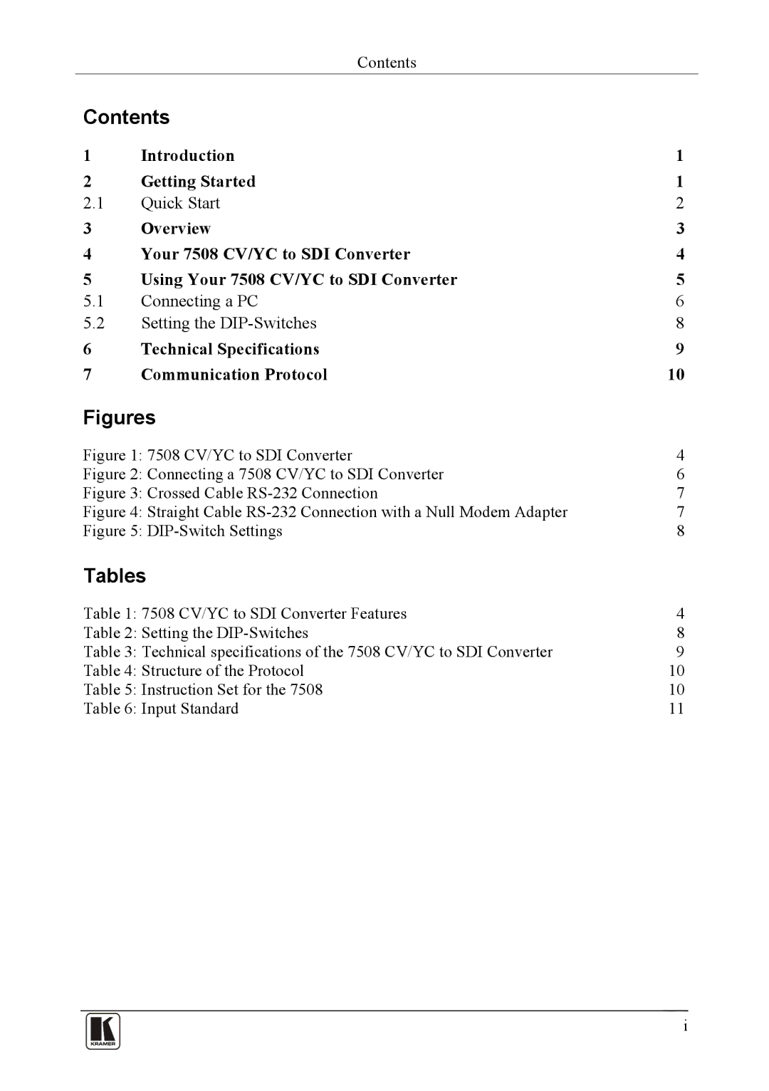 Kramer Electronics 7508 user manual Contents, Tables 