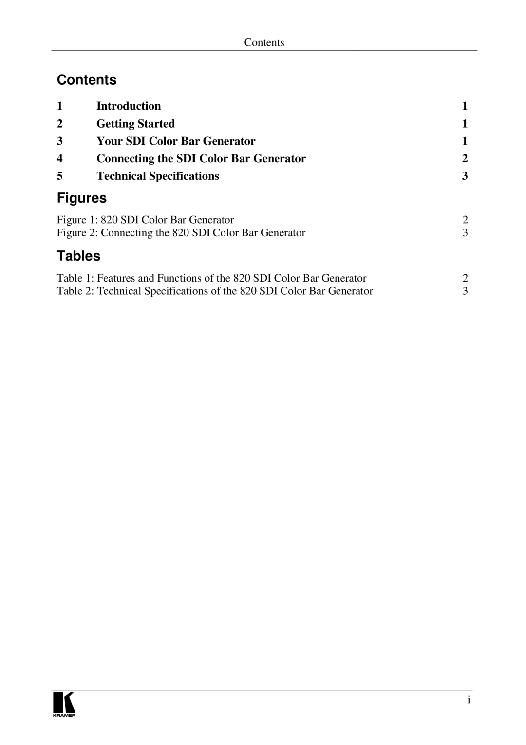 Kramer Electronics 820 user manual Contents, Tables 