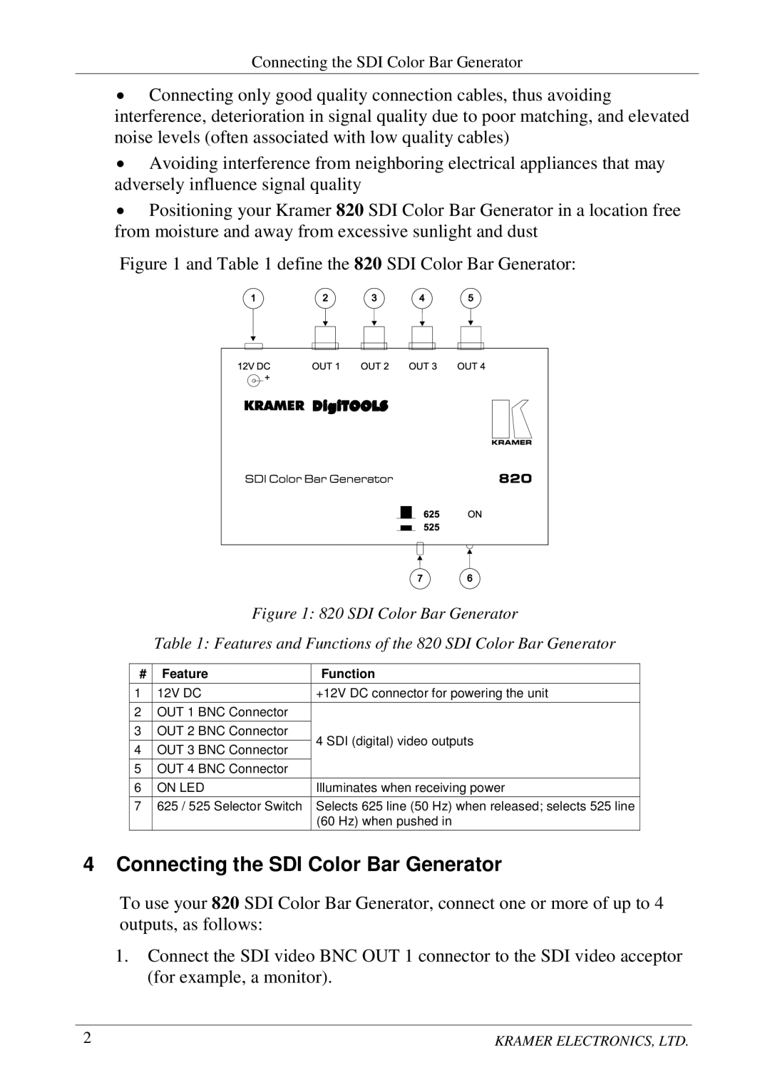 Kramer Electronics 820 user manual Connecting the SDI Color Bar Generator, Feature Function 