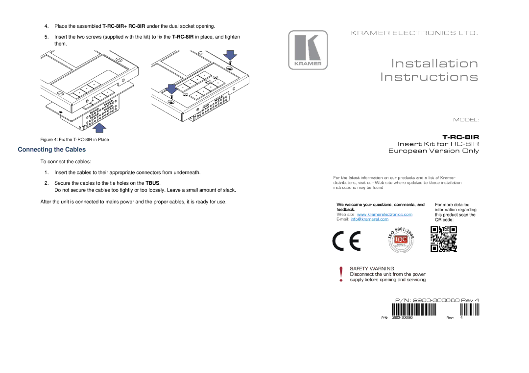 Kramer Electronics manual Installation Instructions, Connecting the Cables, RC-8IR 