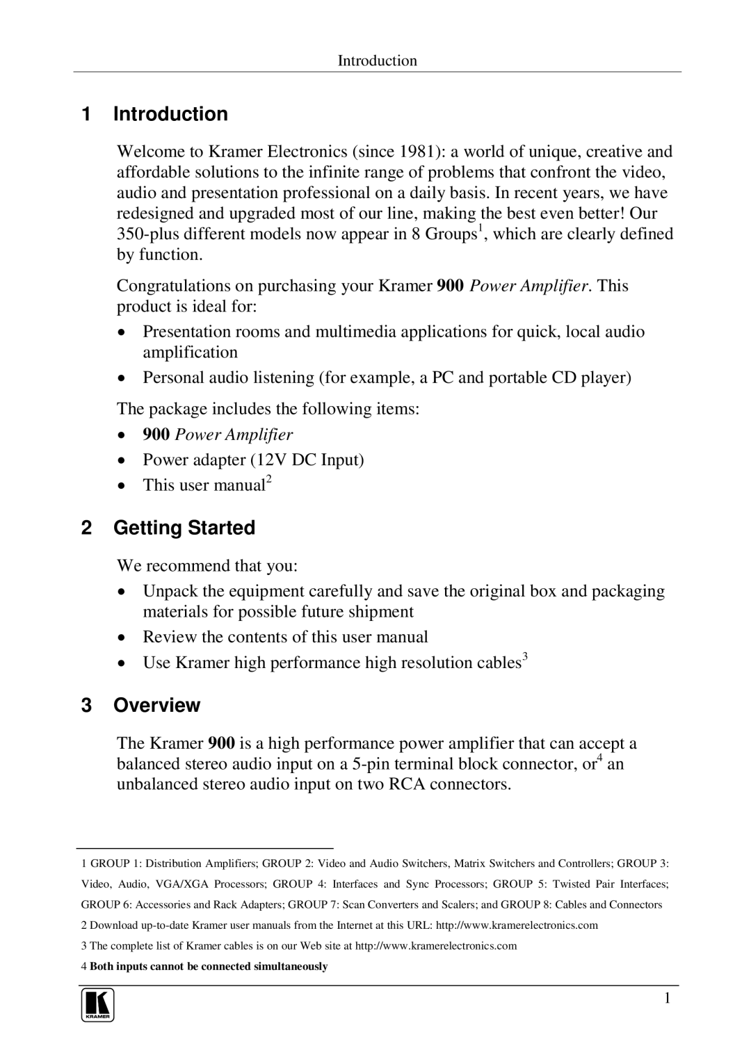 Kramer Electronics 900 user manual Introduction, Getting Started, Overview 