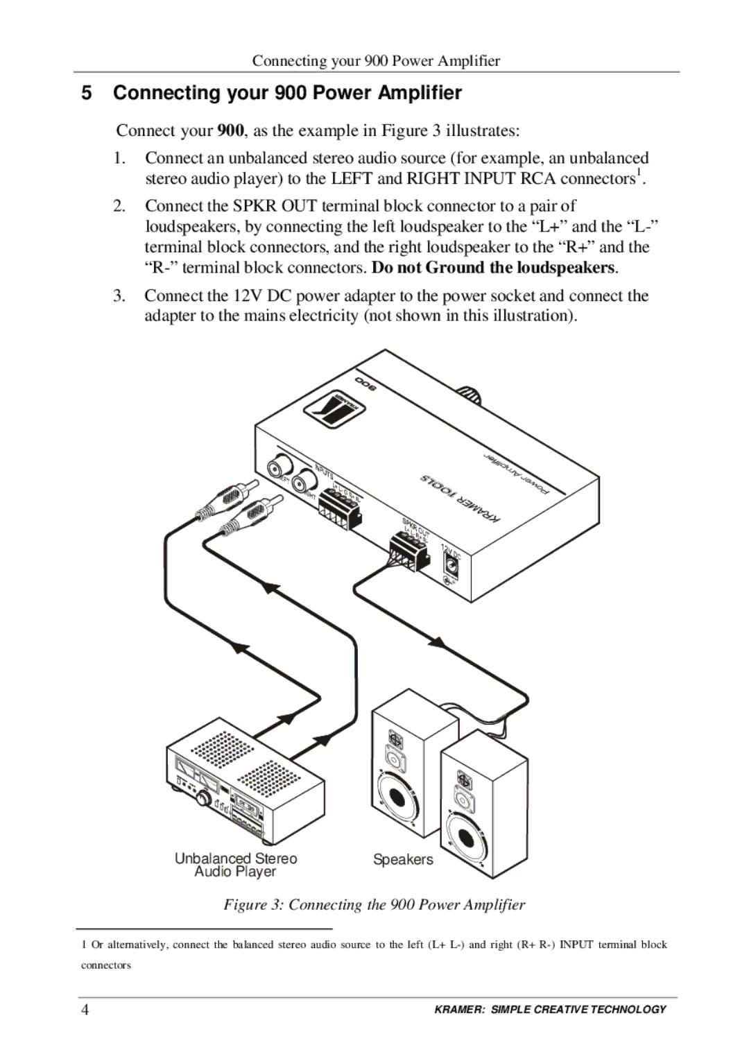 Kramer Electronics user manual Connecting your 900 Power Amplifier, Connect your 900, as the example in illustrates 