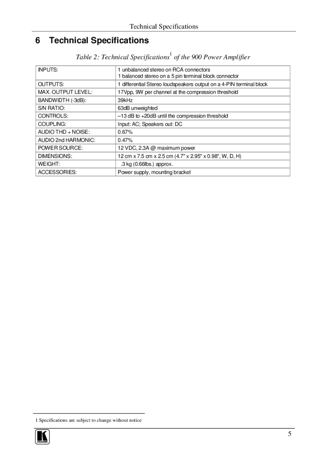 Kramer Electronics user manual Technical Specifications1 of the 900 Power Amplifier 