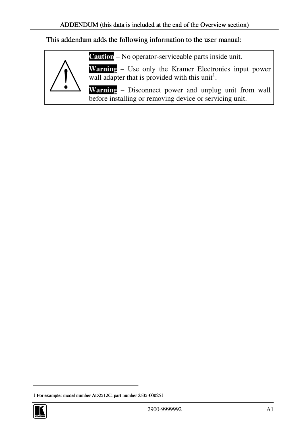 Kramer Electronics user manual 2900-9999992, For example model number AD2512C, part number 