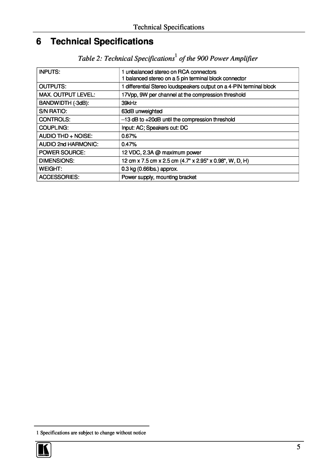 Kramer Electronics 900 user manual Technical Specifications 