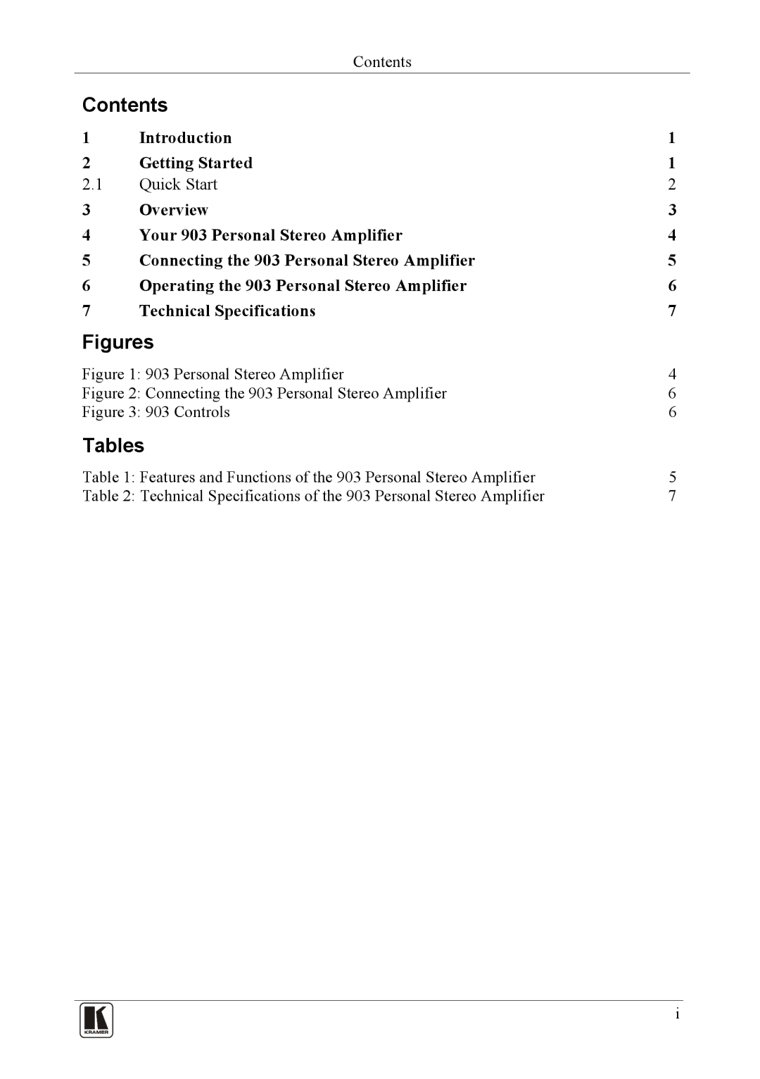 Kramer Electronics 903 user manual Contents, Tables 