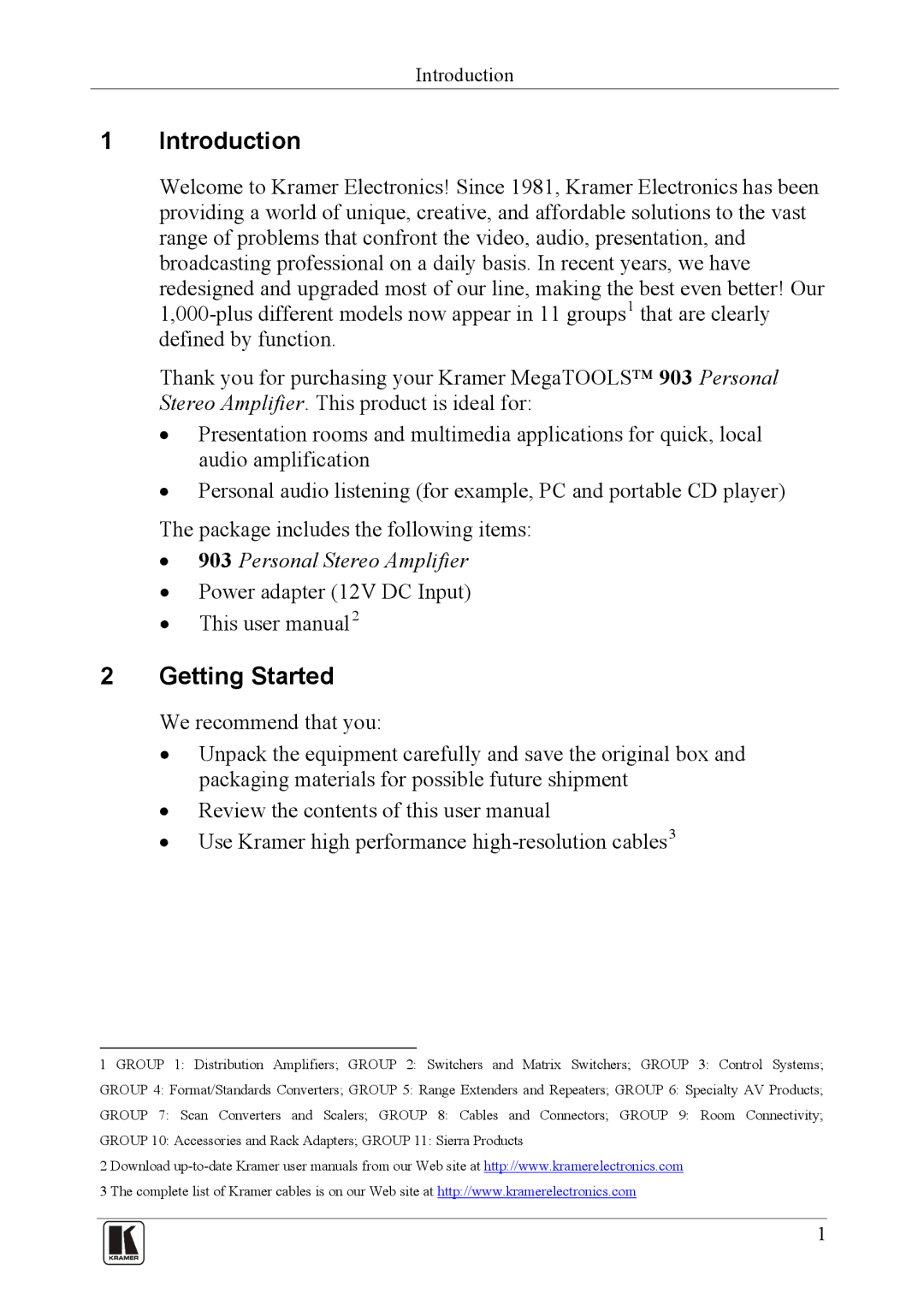 Kramer Electronics 903 user manual Introduction, Getting Started 