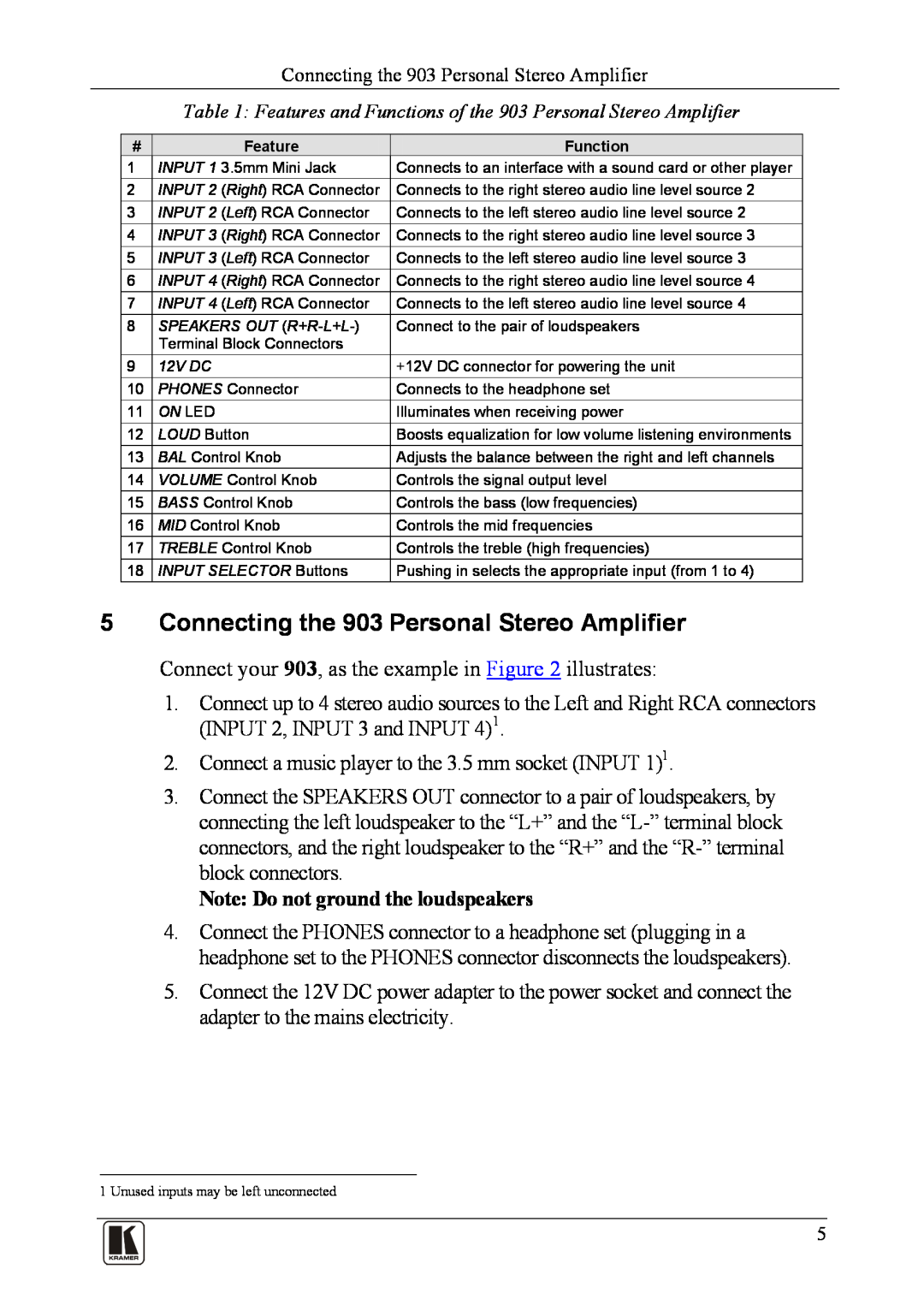 Kramer Electronics user manual 5Connecting the 903 Personal Stereo Amplifier, Note Do not ground the loudspeakers 