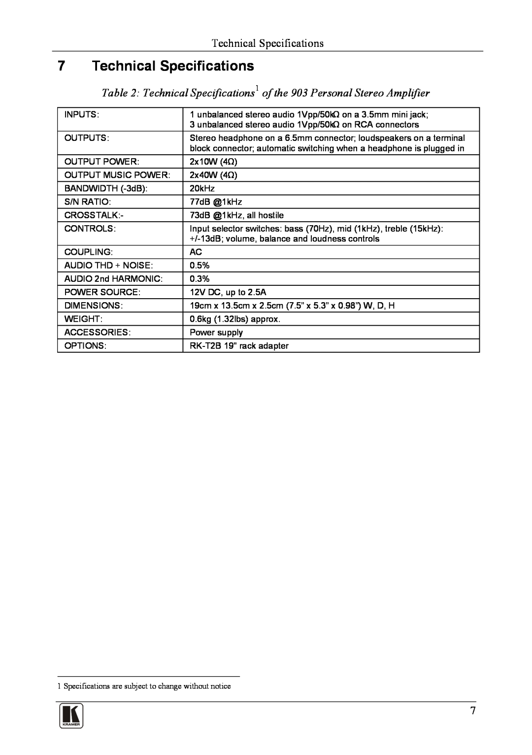 Kramer Electronics 903 user manual Technical Specifications 