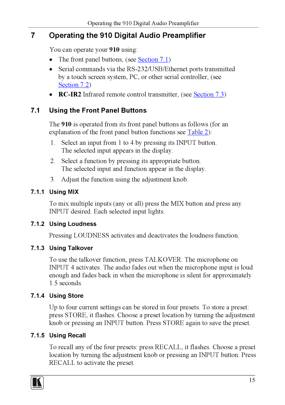 Kramer Electronics user manual Operating the 910 Digital Audio Preamplifier, Using the Front Panel Buttons 