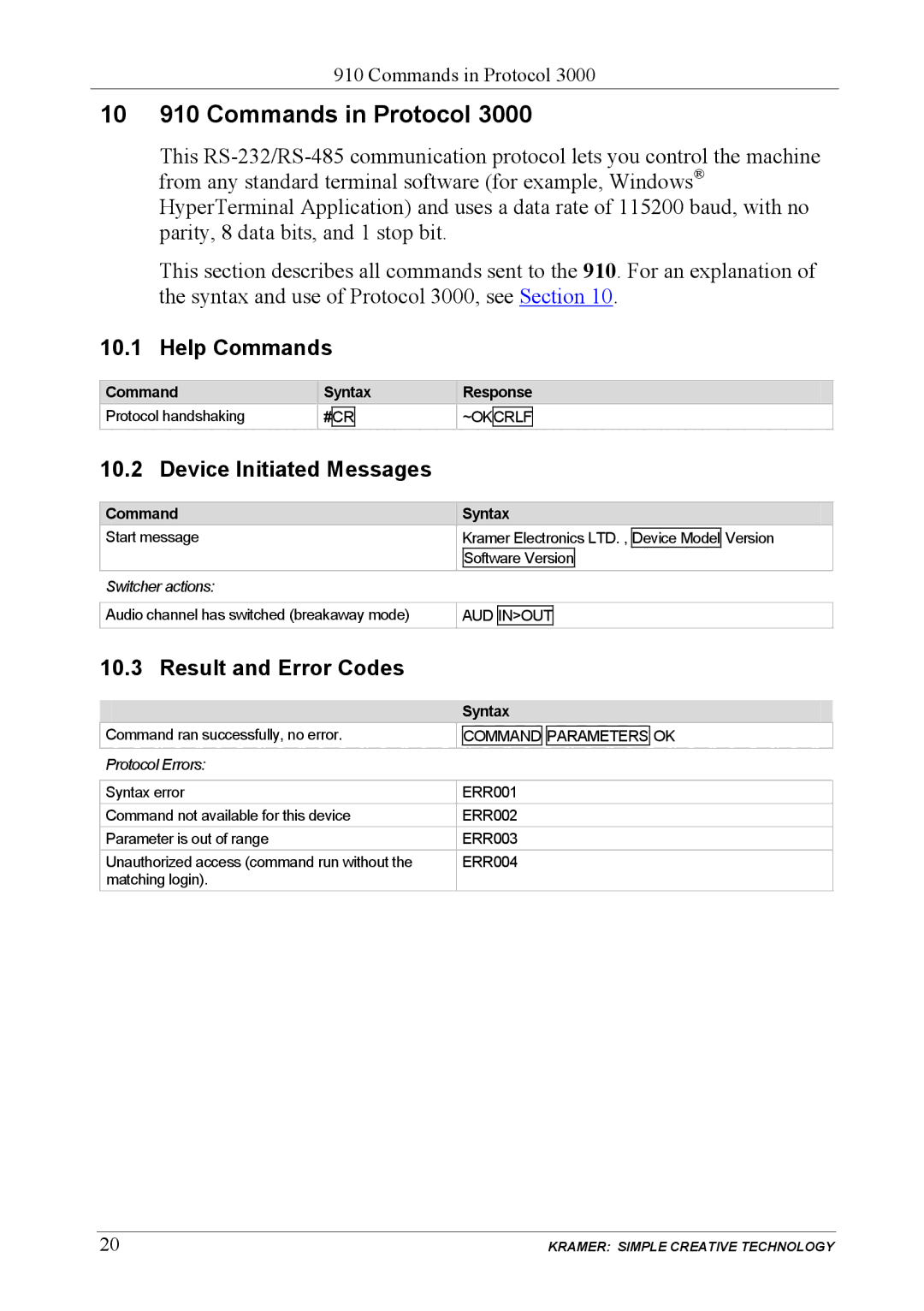 Kramer Electronics 10 910 Commands in Protocol, Help Commands, Device Initiated Messages, Result and Error Codes 