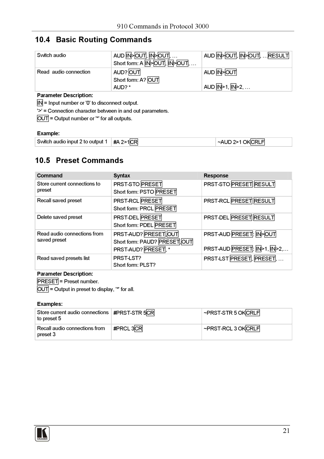 Kramer Electronics 910 user manual Basic Routing Commands, Preset Commands 