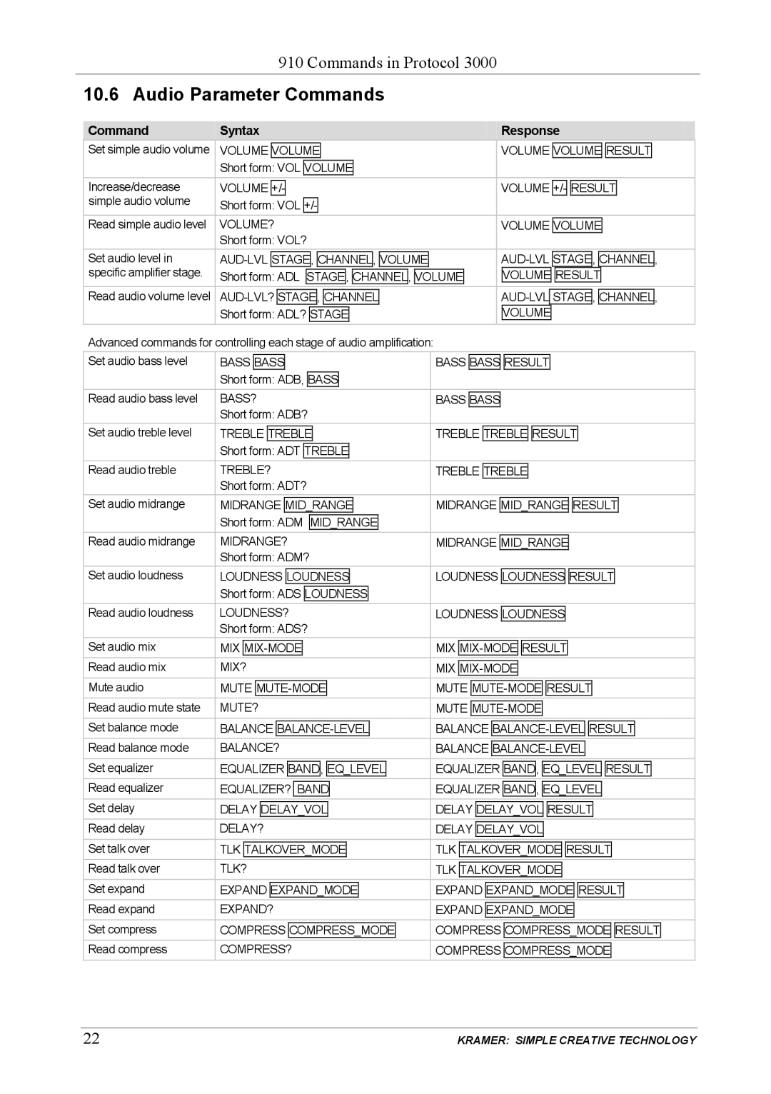 Kramer Electronics 910 user manual Audio Parameter Commands 