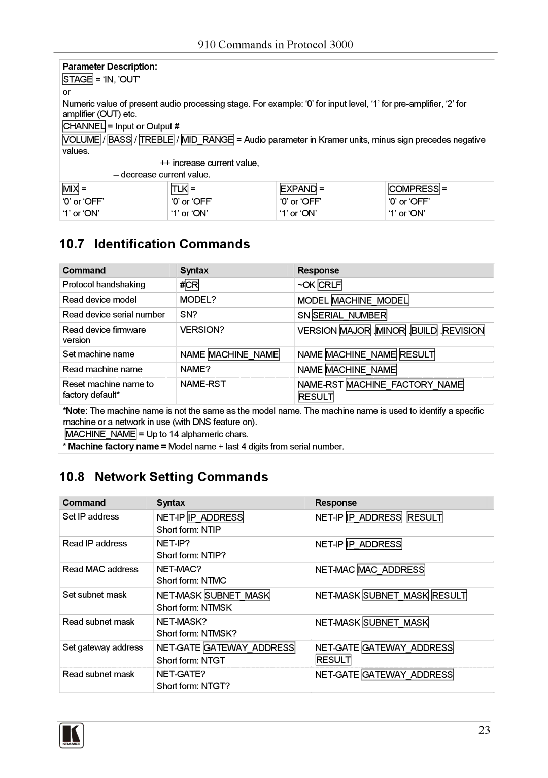 Kramer Electronics 910 user manual Identification Commands, Network Setting Commands 