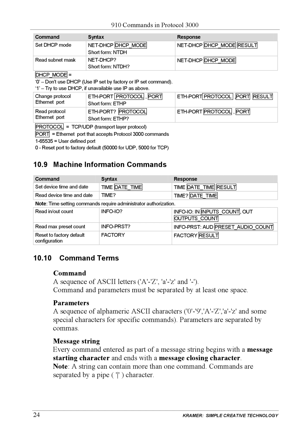 Kramer Electronics 910 user manual Machine Information Commands, Command Terms 