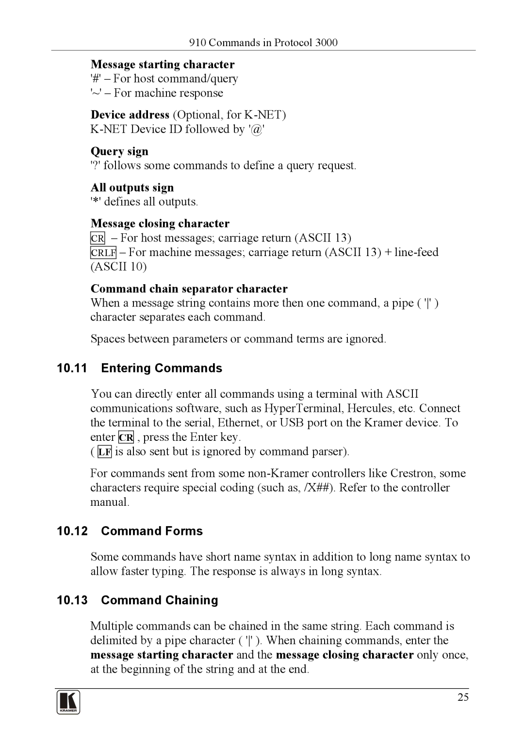 Kramer Electronics 910 user manual Entering Commands, Command Forms, Command Chaining 