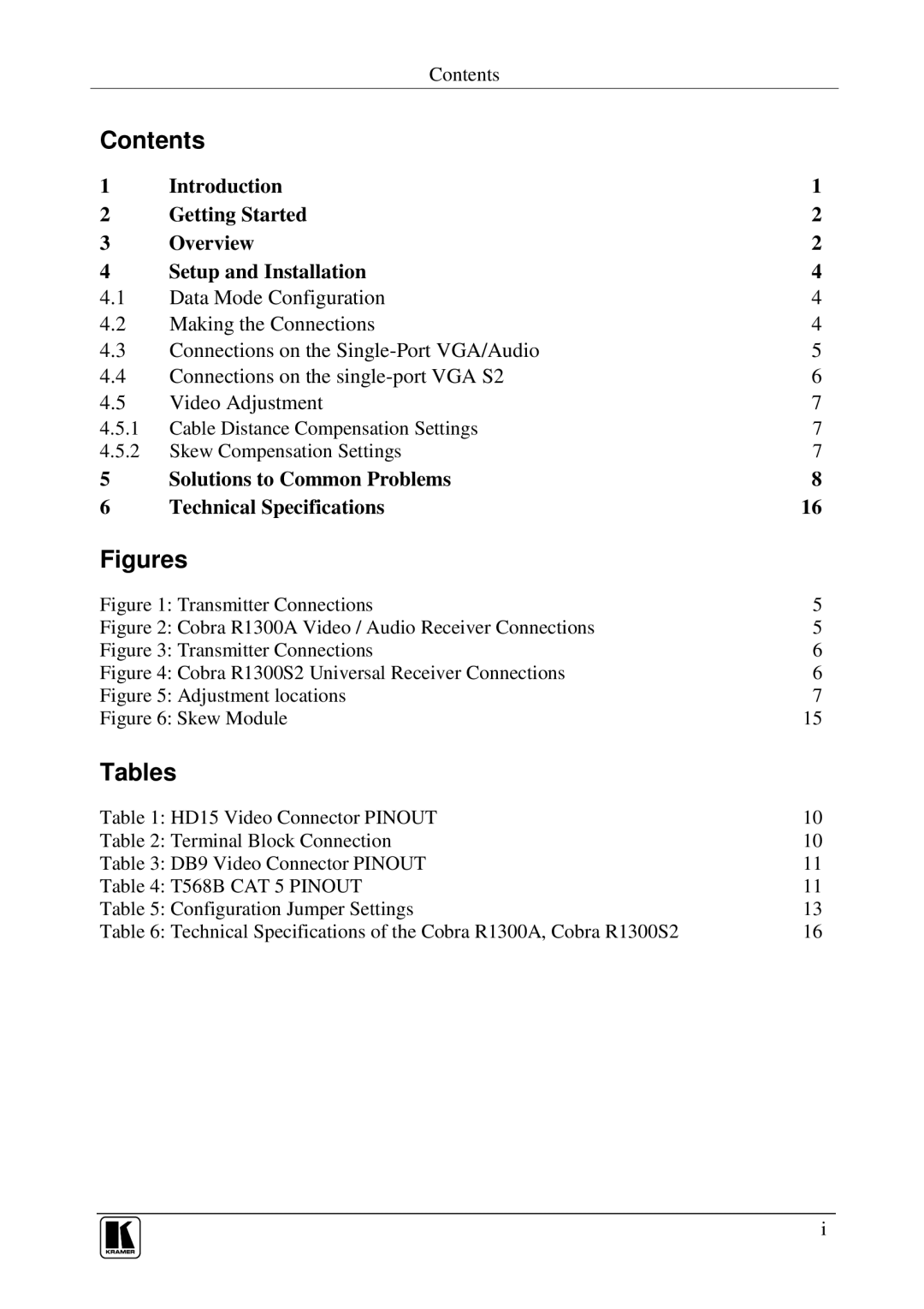 Kramer Electronics Cobra R1300A user manual Contents, Tables 