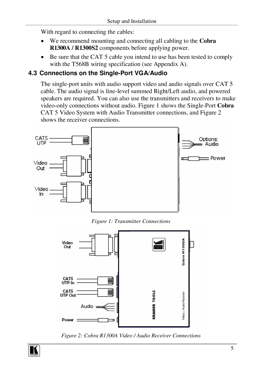 Kramer Electronics Cobra R1300A user manual Connections on the Single-Port VGA/Audio, Transmitter Connections 