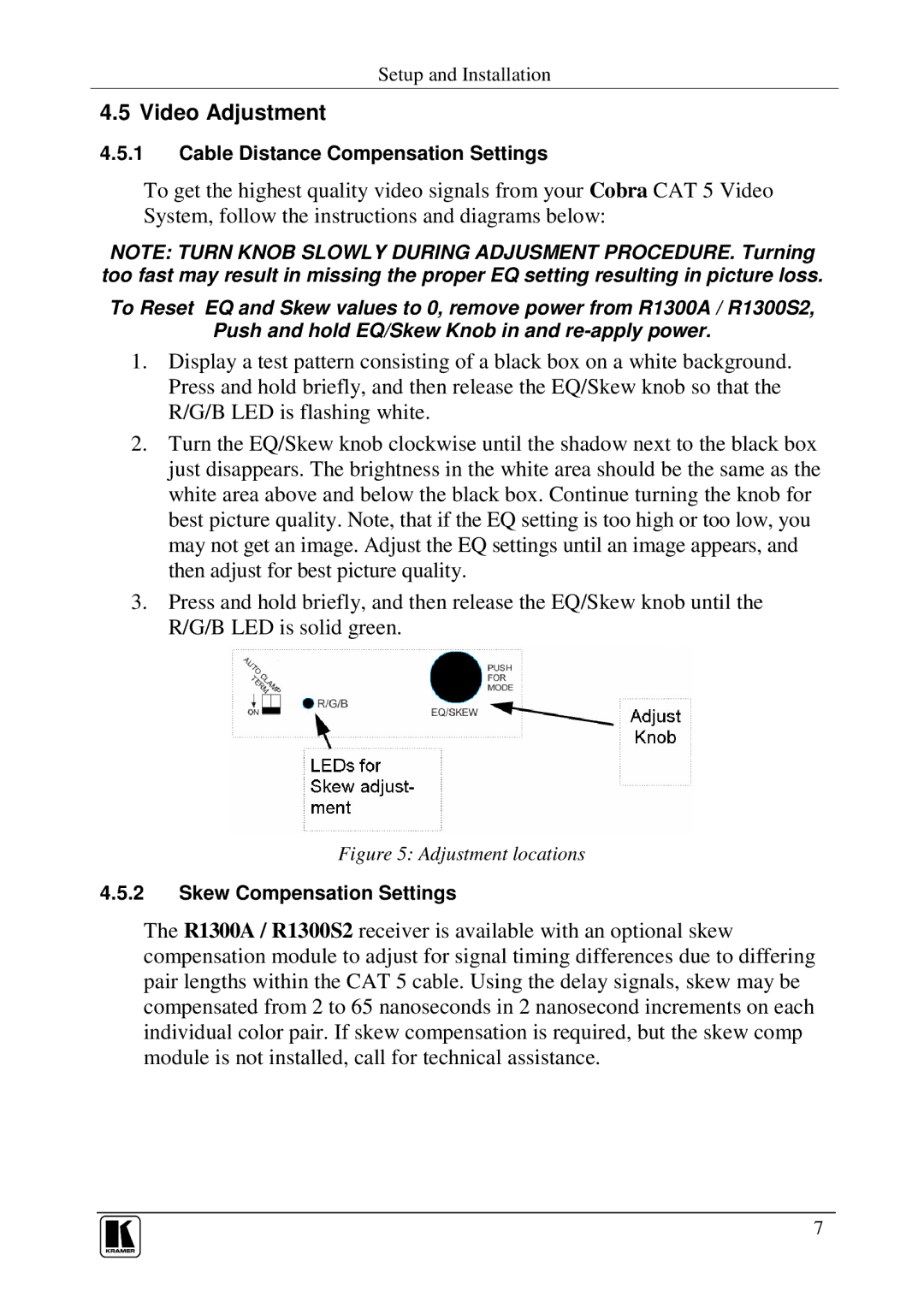 Kramer Electronics Cobra R1300A user manual Video Adjustment, Adjustment locations 