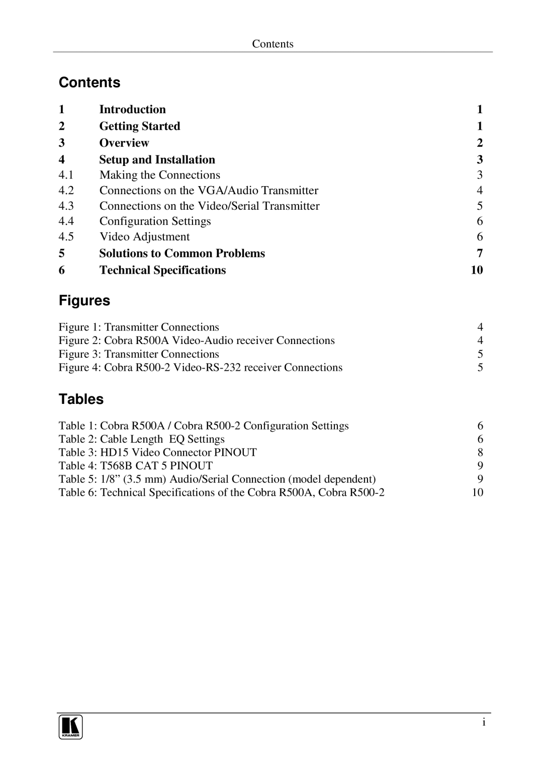 Kramer Electronics COBRA R500A, COBRA R500-2 user manual Contents, Tables 