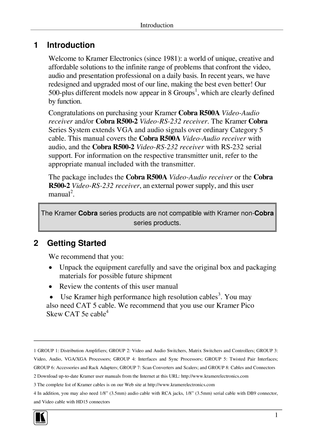 Kramer Electronics COBRA R500-2, COBRA R500A user manual Introduction, Getting Started 