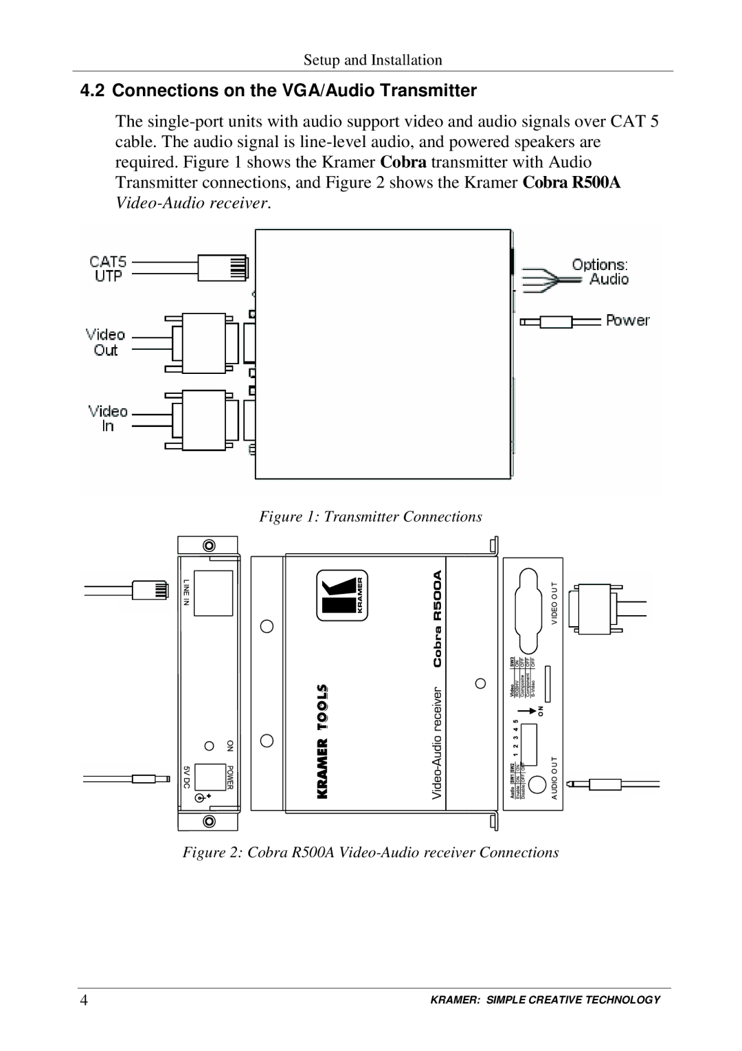 Kramer Electronics COBRA R500A, COBRA R500-2 user manual Connections on the VGA/Audio Transmitter, Transmitter Connections 