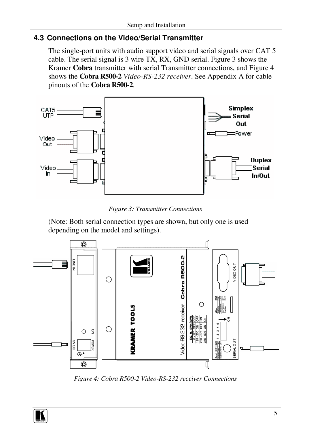 Kramer Electronics COBRA R500-2, COBRA R500A user manual Connections on the Video/Serial Transmitter 