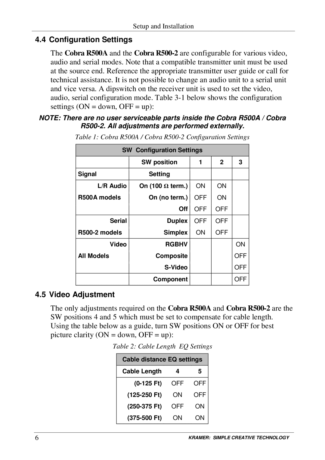 Kramer Electronics COBRA R500A, COBRA R500-2 Video Adjustment, Cobra R500A / Cobra R500-2 Configuration Settings 