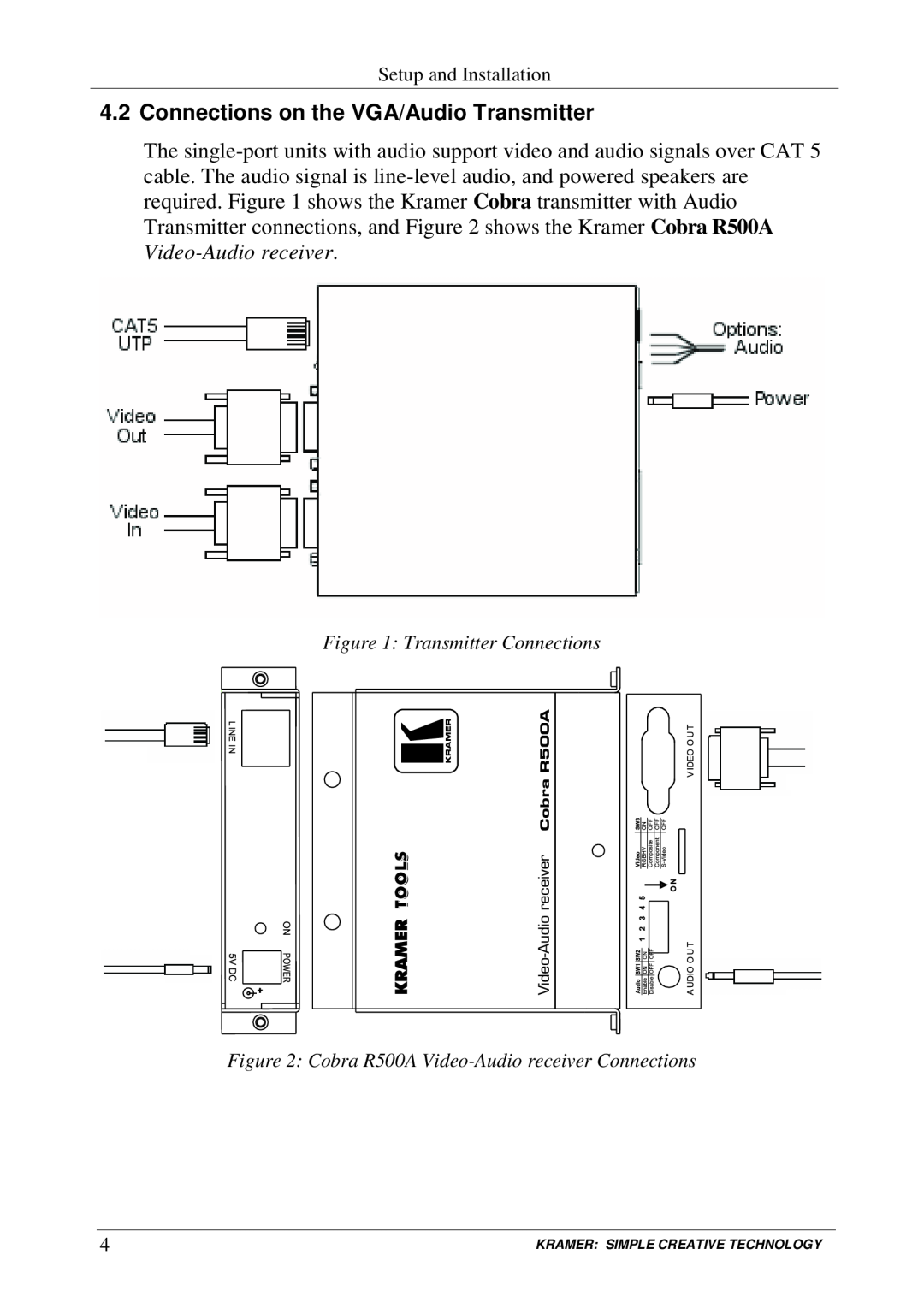 Kramer Electronics COBRA R500A, COBRA R500-2 user manual Connections on the VGA/Audio Transmitter, Transmitter Connections 
