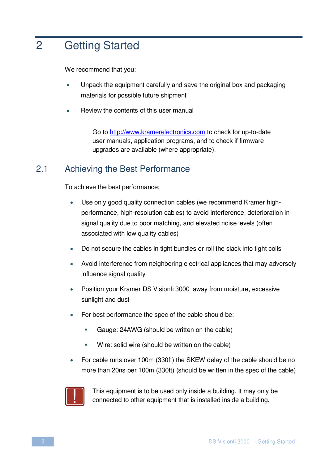 Kramer Electronics DS Vision 3000 user manual Getting Started, Achieving the Best Performance 