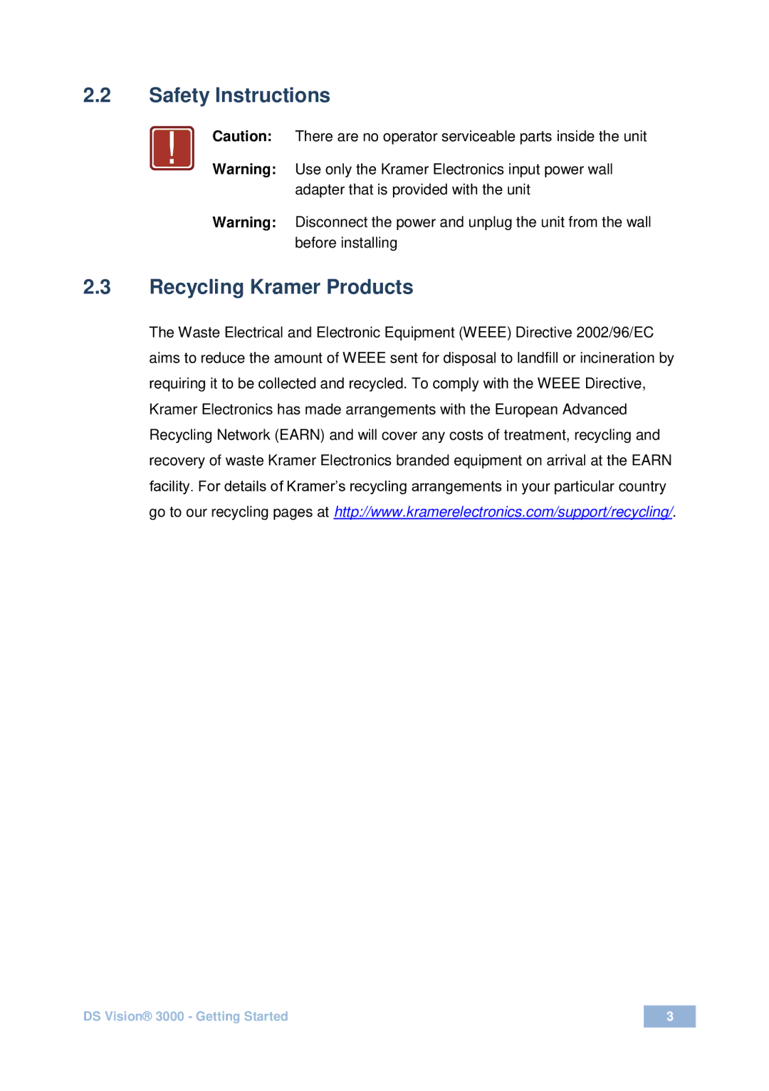 Kramer Electronics DS Vision 3000 user manual Safety Instructions, Recycling Kramer Products 