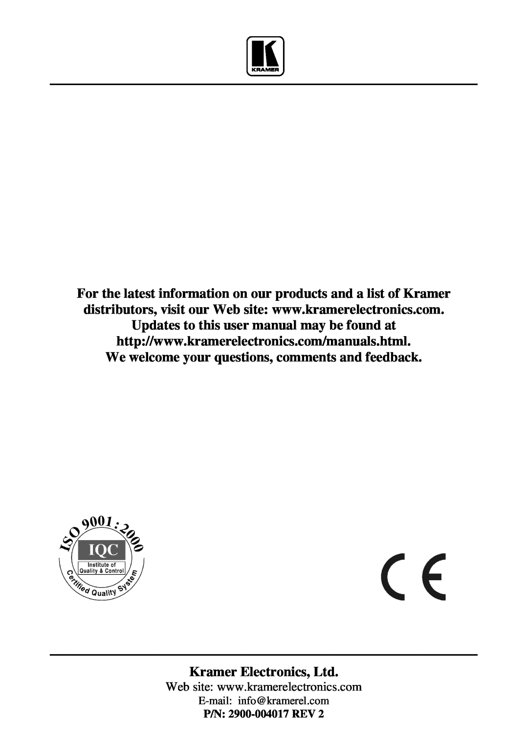 Kramer Electronics FC-14 Updates to this user manual may be found at, E-mail info@kramerel.com, P/N 2900-004017 REV 